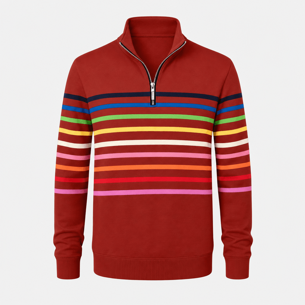Front product view of the red quarter-zip sweater with multicolored horizontal stripes across the chest and sleeves.
