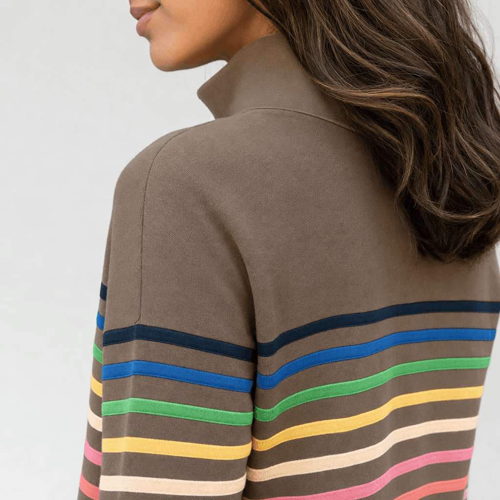 Back and side view of the taupe sweater, highlighting the raised collar and colorful horizontal stripe pattern.