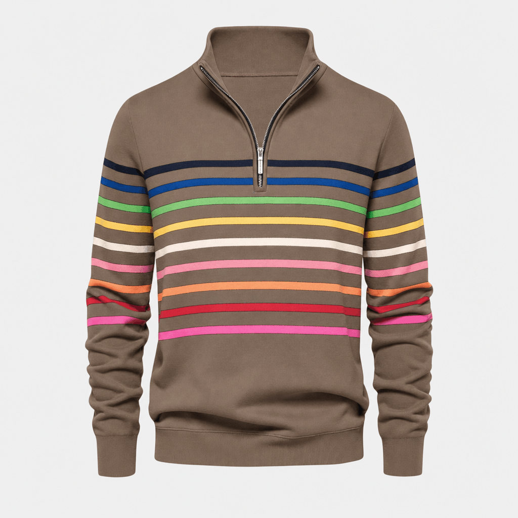 Front product view of the taupe quarter-zip sweater with multicolored horizontal stripes across the chest and sleeves.