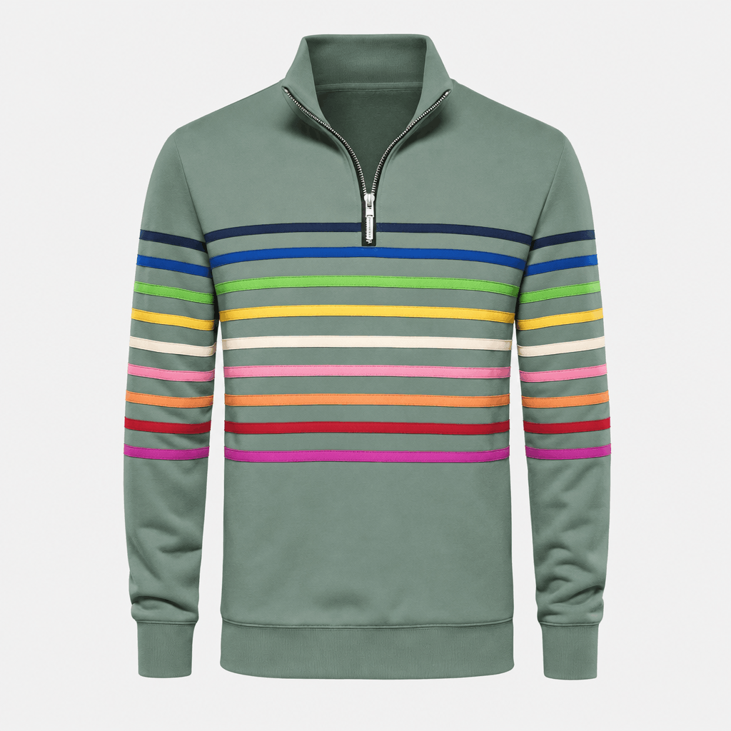 Front product view of the sage green quarter-zip sweater with multicolored horizontal stripes across the chest and sleeves.