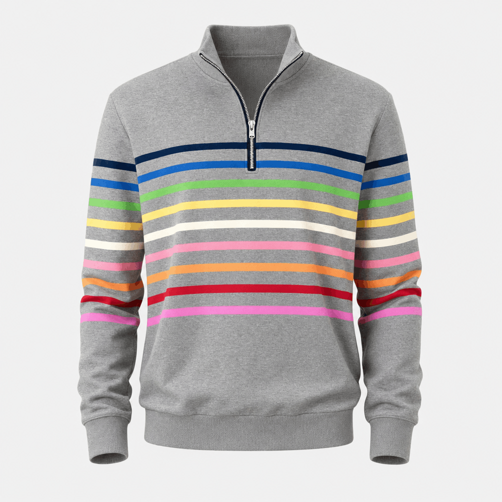 Front product view of the gray quarter-zip sweater with multicolored horizontal stripes across the chest and sleeves.