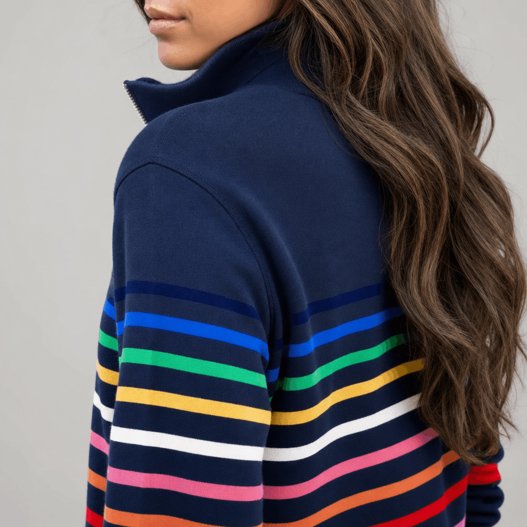 Back view of the navy multicolored striped quarter-zip sweater, showing the stripe pattern across the upper back and sleeves.