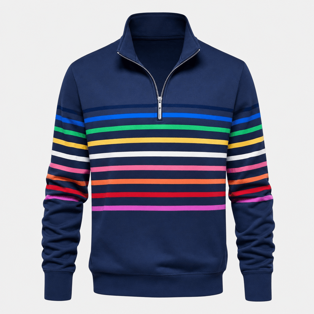 Front product view of the navy quarter-zip sweater with multicolored horizontal stripes across the chest and sleeves.