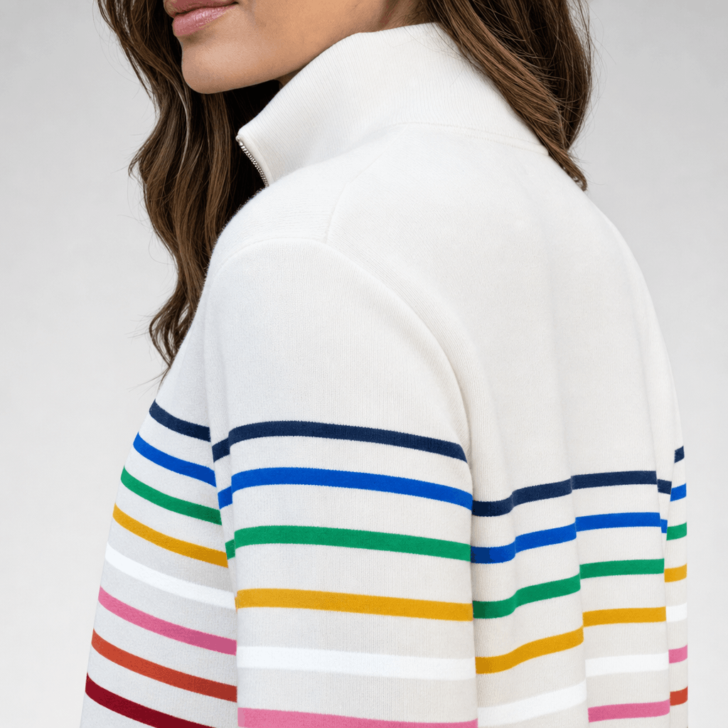 Close-up back and side view of the white multicolored striped quarter-zip sweater, highlighting the raised collar and colorful horizontal stripes.