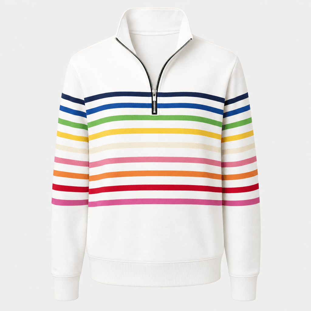 Front product view of the white quarter-zip sweater with multicolored horizontal stripes across the chest and sleeves.