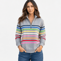 Female model wearing a gray quarter-zip sweater with multicolored horizontal stripes across the chest and sleeves, paired with blue jeans, front view.