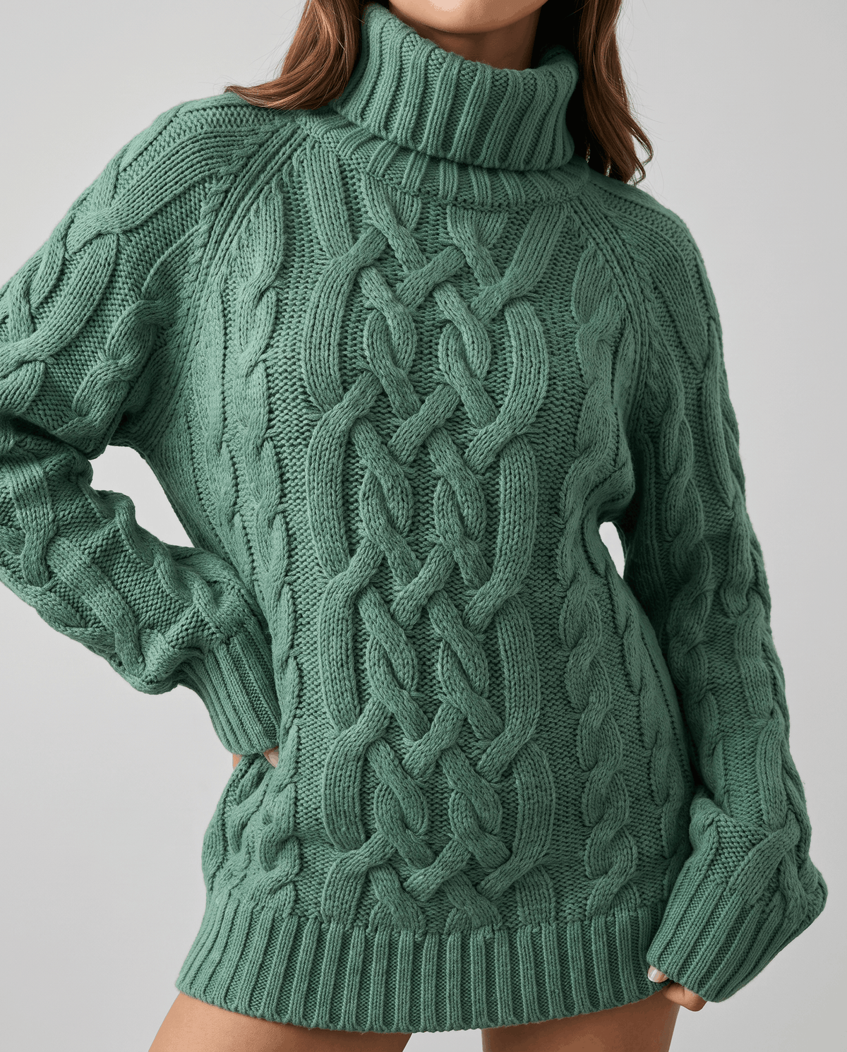 Teal Chunky Cable Knit Sweater worn by a female model, shown from the side with a turtleneck, textured cable knit pattern, long sleeves, and ribbed trim.