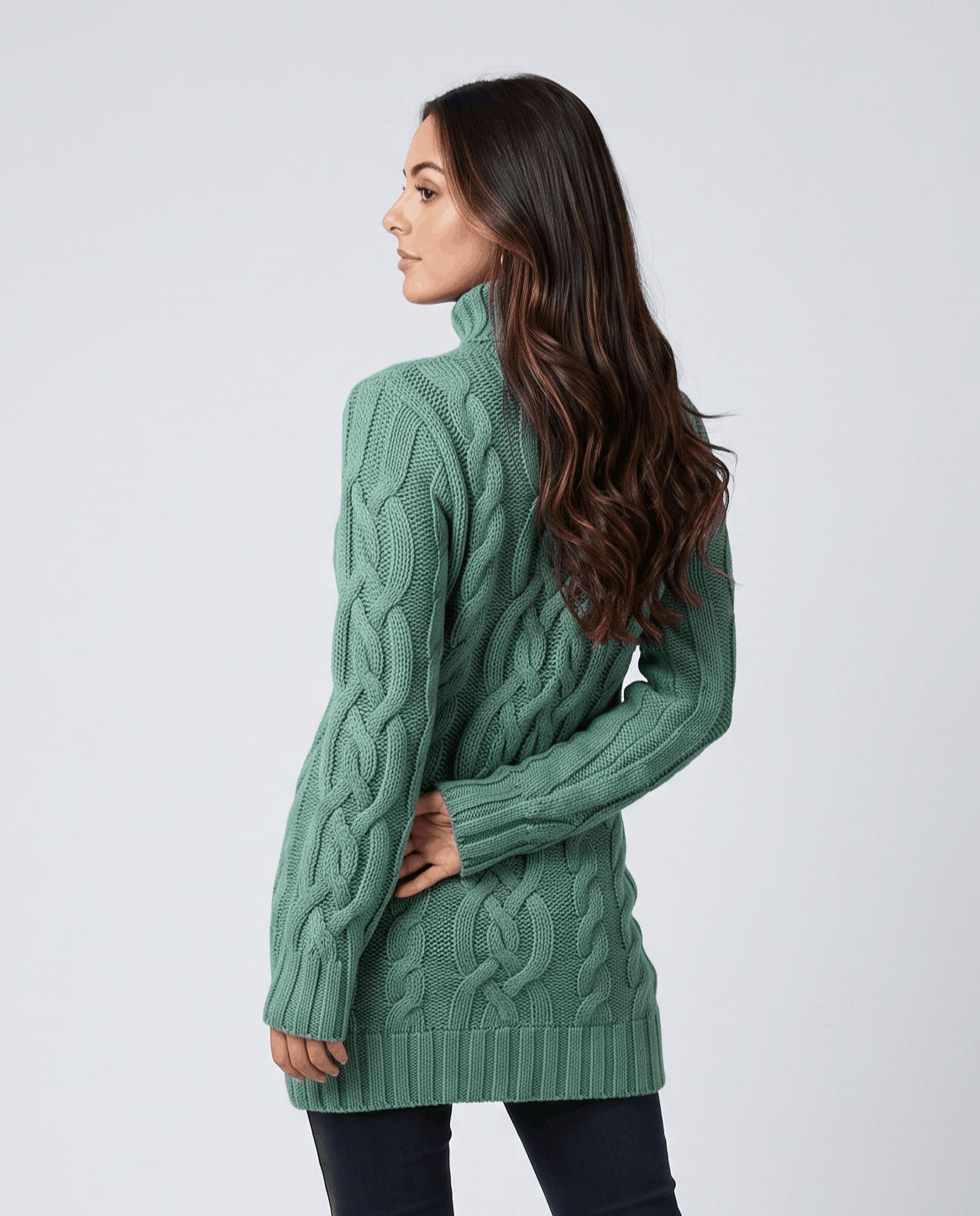 Teal Chunky Cable Knit Sweater worn by a female model from the back, showcasing the cable knit texture, turtleneck collar, long sleeves, and ribbed hem.