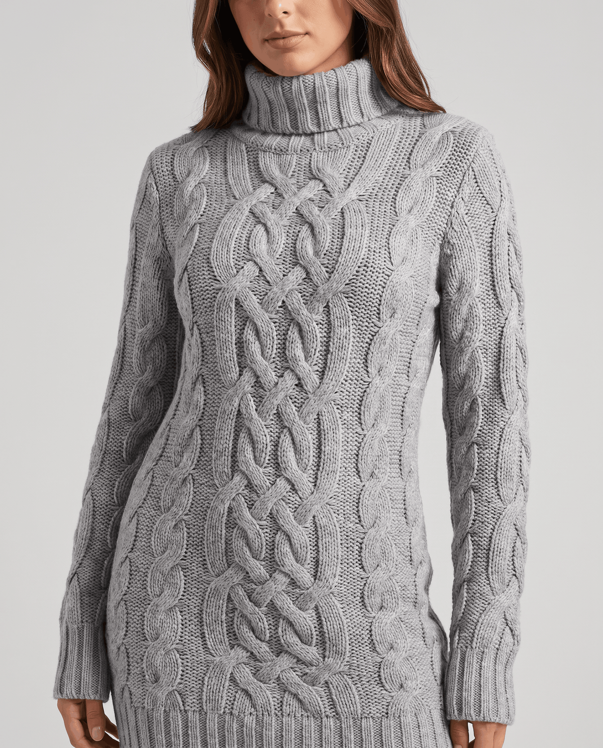 Gray Chunky Cable Knit Sweater worn by a female model, shown from the front with a turtleneck, chunky cable knit texture, long sleeves, and ribbed trim.
