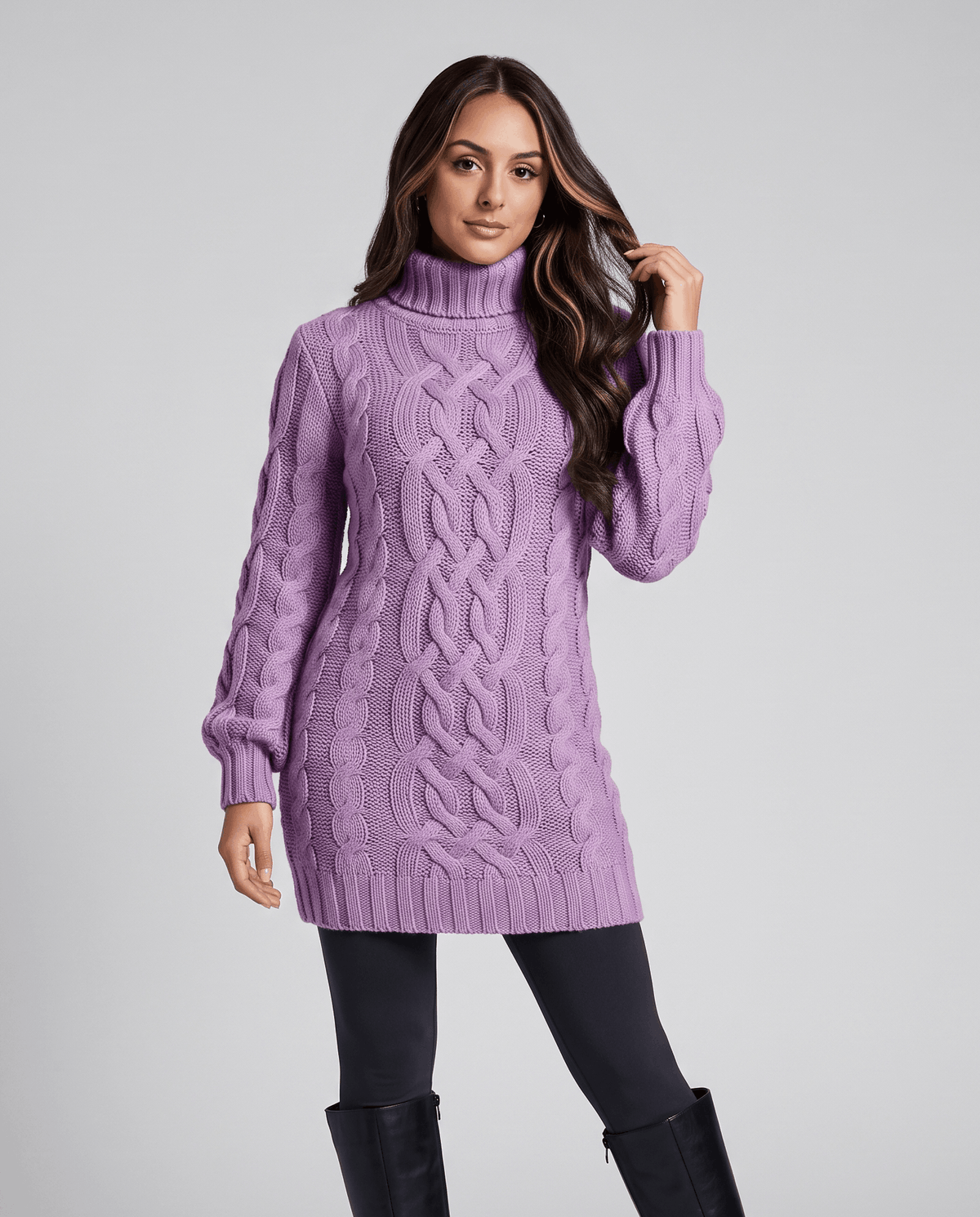 Purple Chunky Cable Knit Sweater worn by a female model, shown in close-up with a turtleneck, chunky cable knit texture, long sleeves, and ribbed trim.