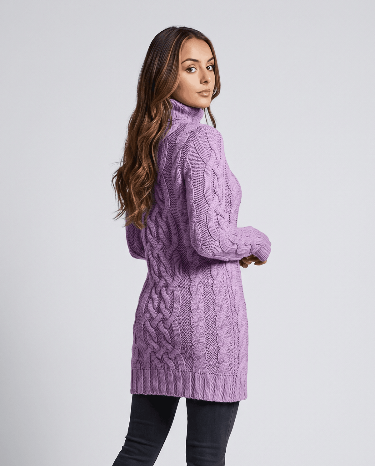 Purple Chunky Cable Knit Sweater worn by a female model from the side, featuring a turtleneck, textured cable knit pattern, long sleeves, and ribbed trim.