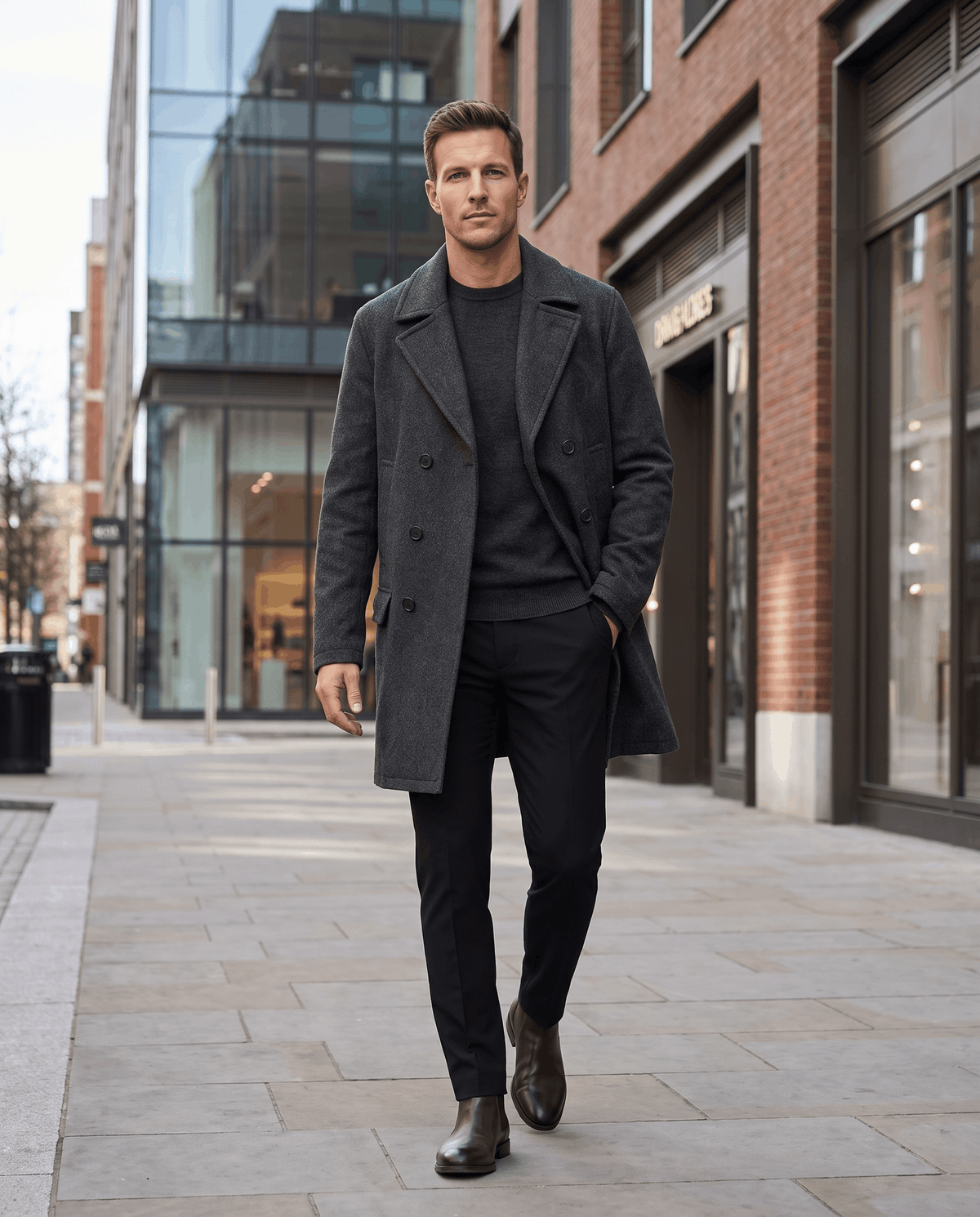 A man wearing a gray classic double-breasted trench coat with a longline fit and tailored lapels, walking on a city street