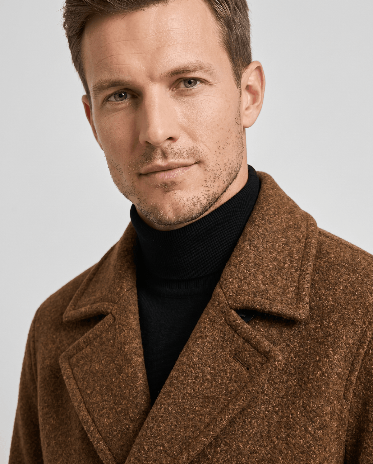 Close-up of a man wearing a brown double-breasted trench coat, showing the tailored lapels and structured collar