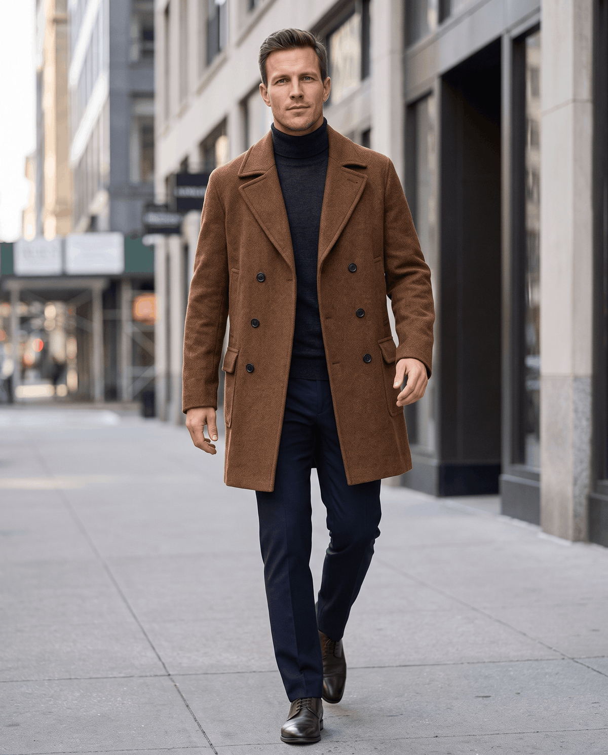 A man wearing a brown classic double-breasted trench coat with a longline fit and tailored lapels, walking on a city street