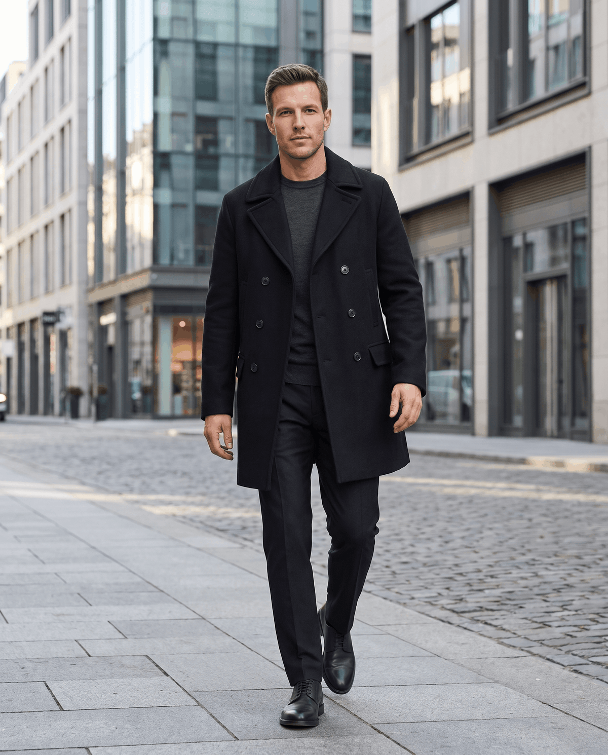 A man wearing a black classic double-breasted trench coat with a longline fit and tailored lapels, walking on a city street