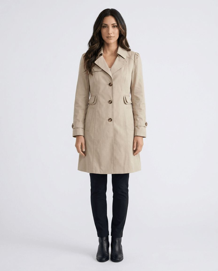 A woman wearing a cream classic trench coat with a lapel collar, button front, and adjustable cuffs