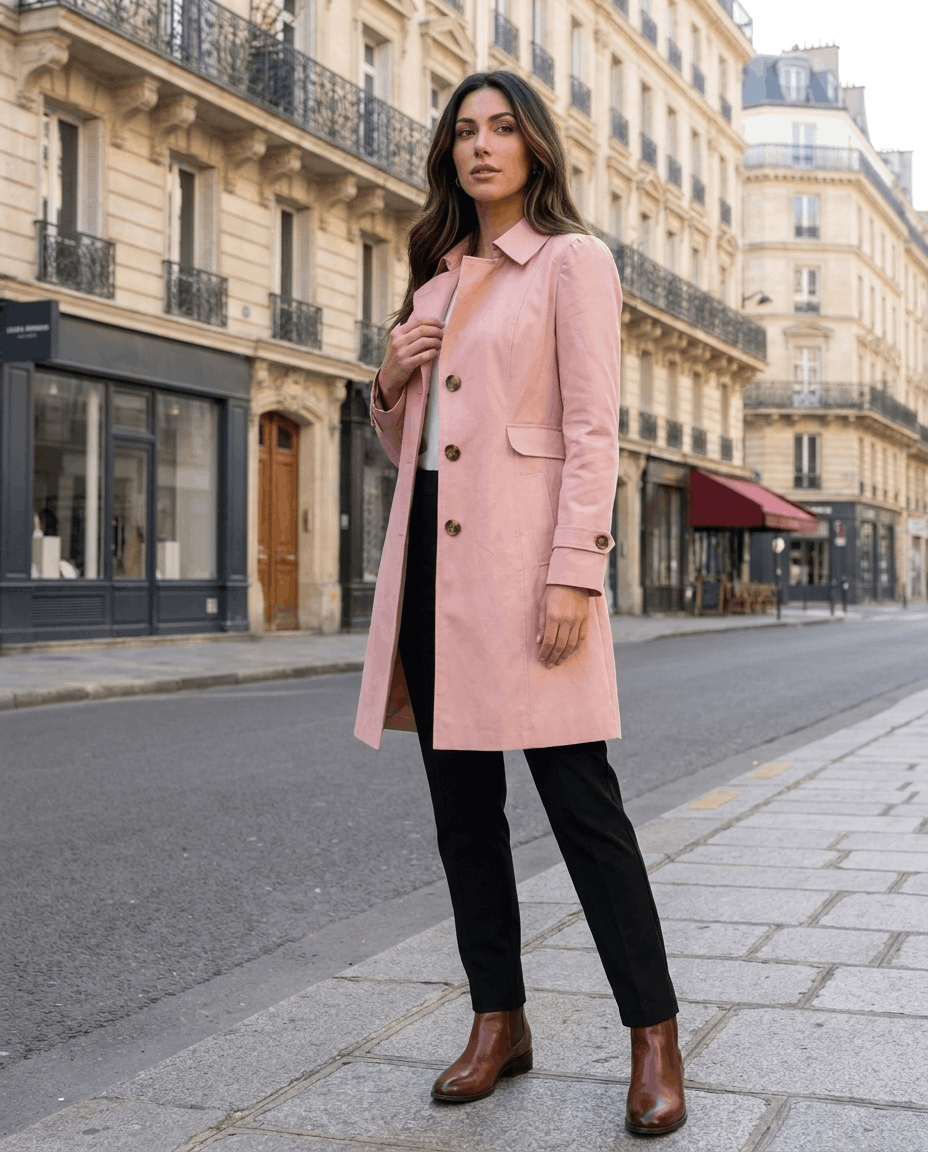 A woman wearing a pink classic trench coat on a Paris street, showing the lapel collar, button front, and adjustable cuffs