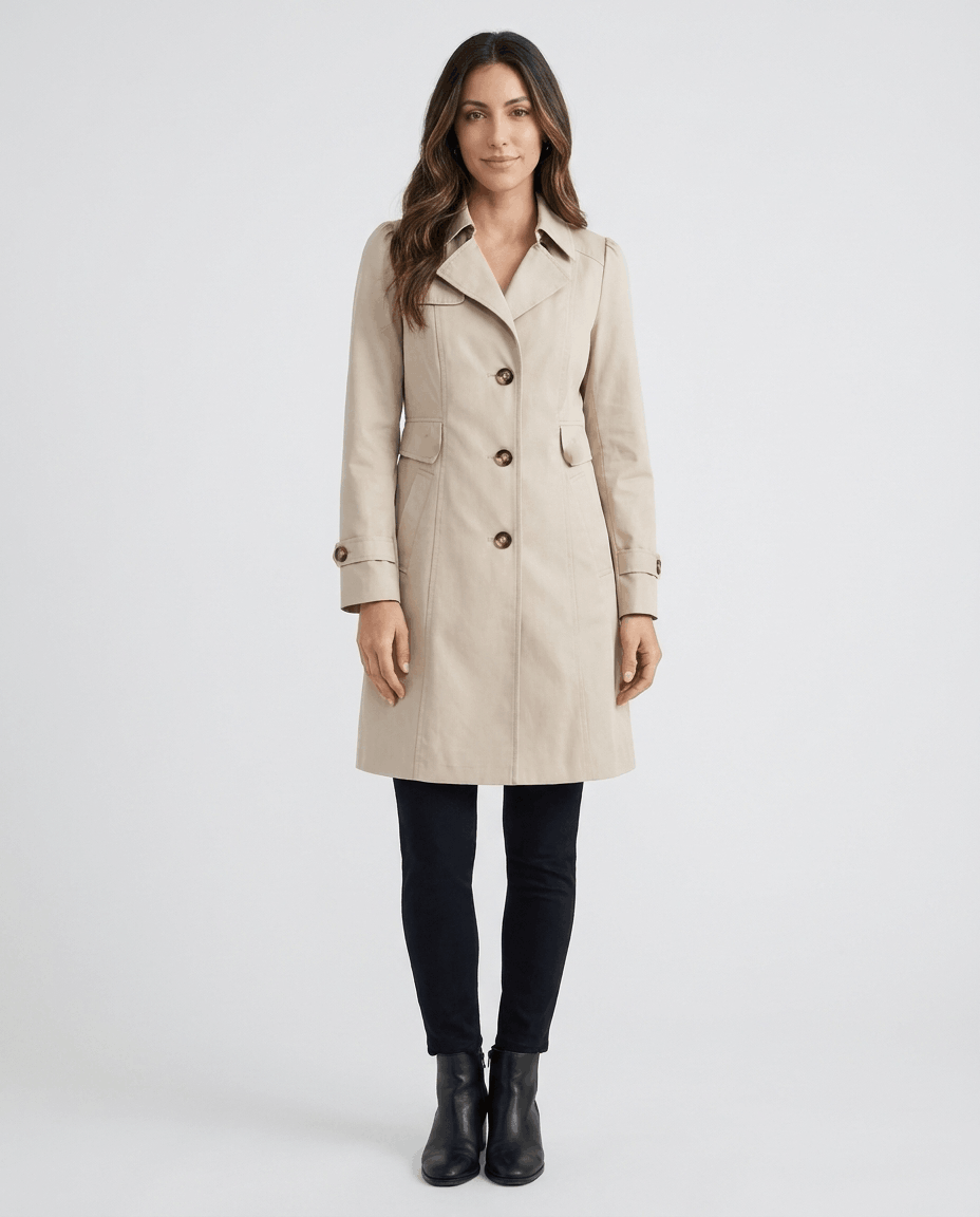 A woman wearing a cream classic trench coat with a lapel collar, button front, and adjustable cuffs