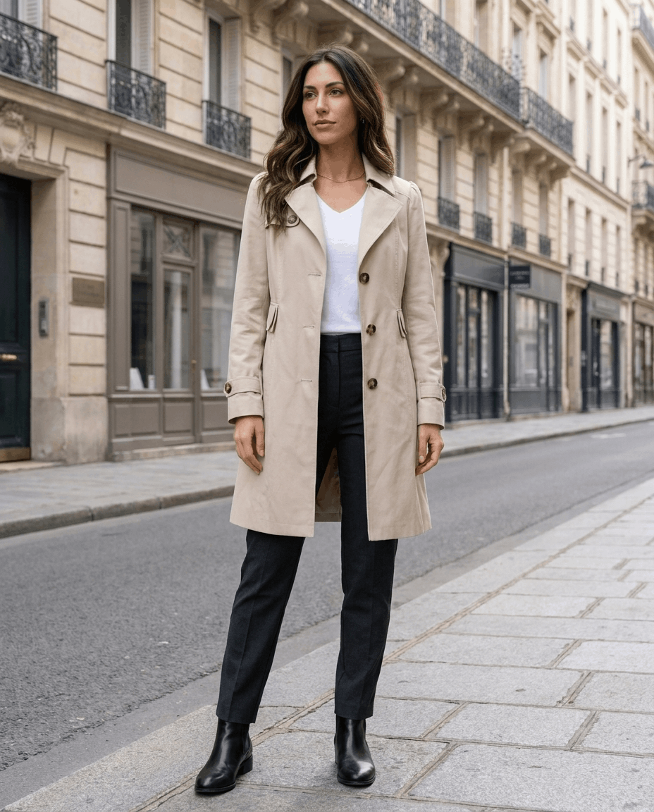 A woman wearing a cream classic trench coat with a lapel collar and button front on a Paris street