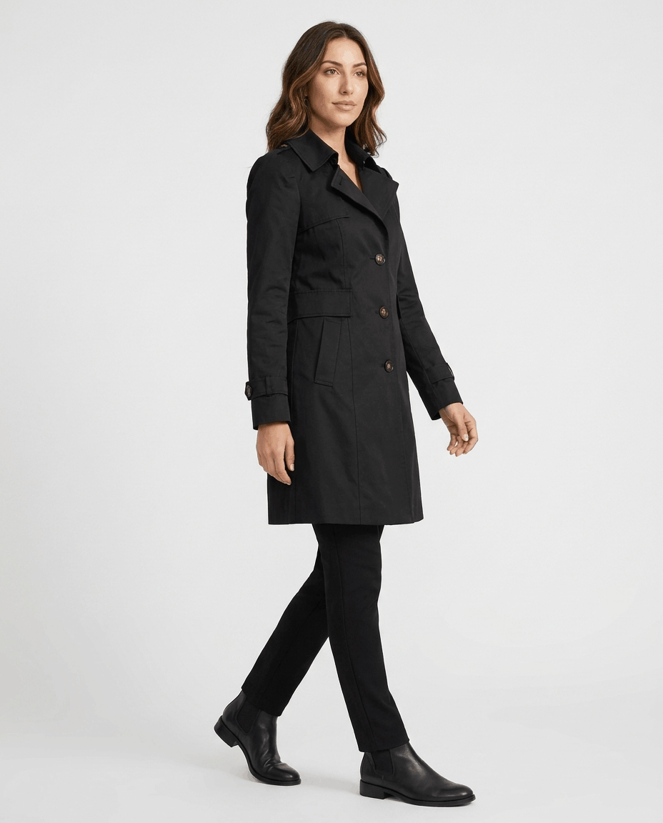 A woman wearing a black classic trench coat with a lapel collar, button front, and adjustable cuffs, side view
