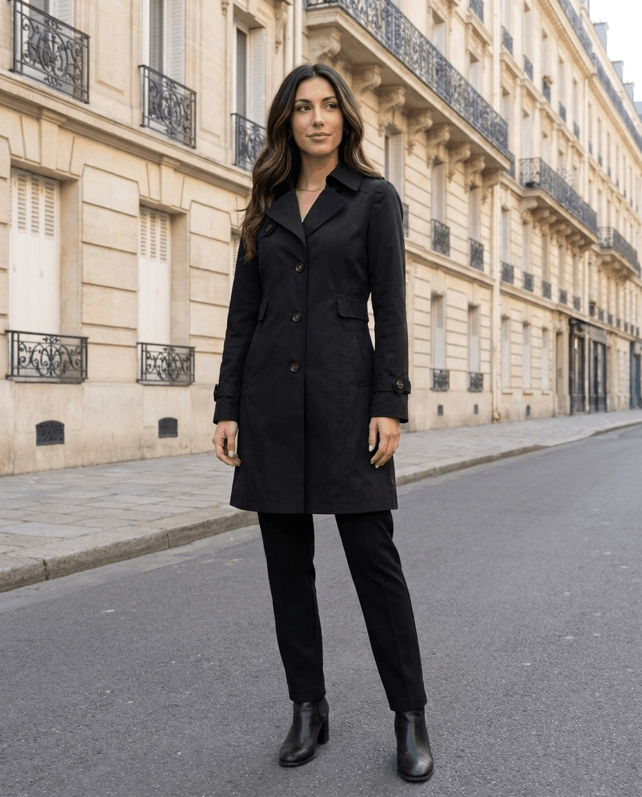 A woman wearing a black classic trench coat with a lapel collar and button front on a Paris street