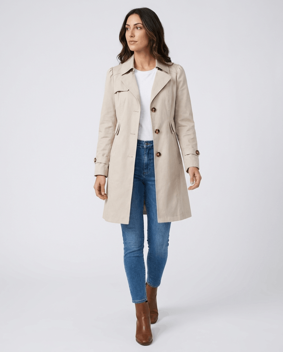 A cream classic trench coat for women with a lapel collar, button front, adjustable cuffs, and double-breasted design