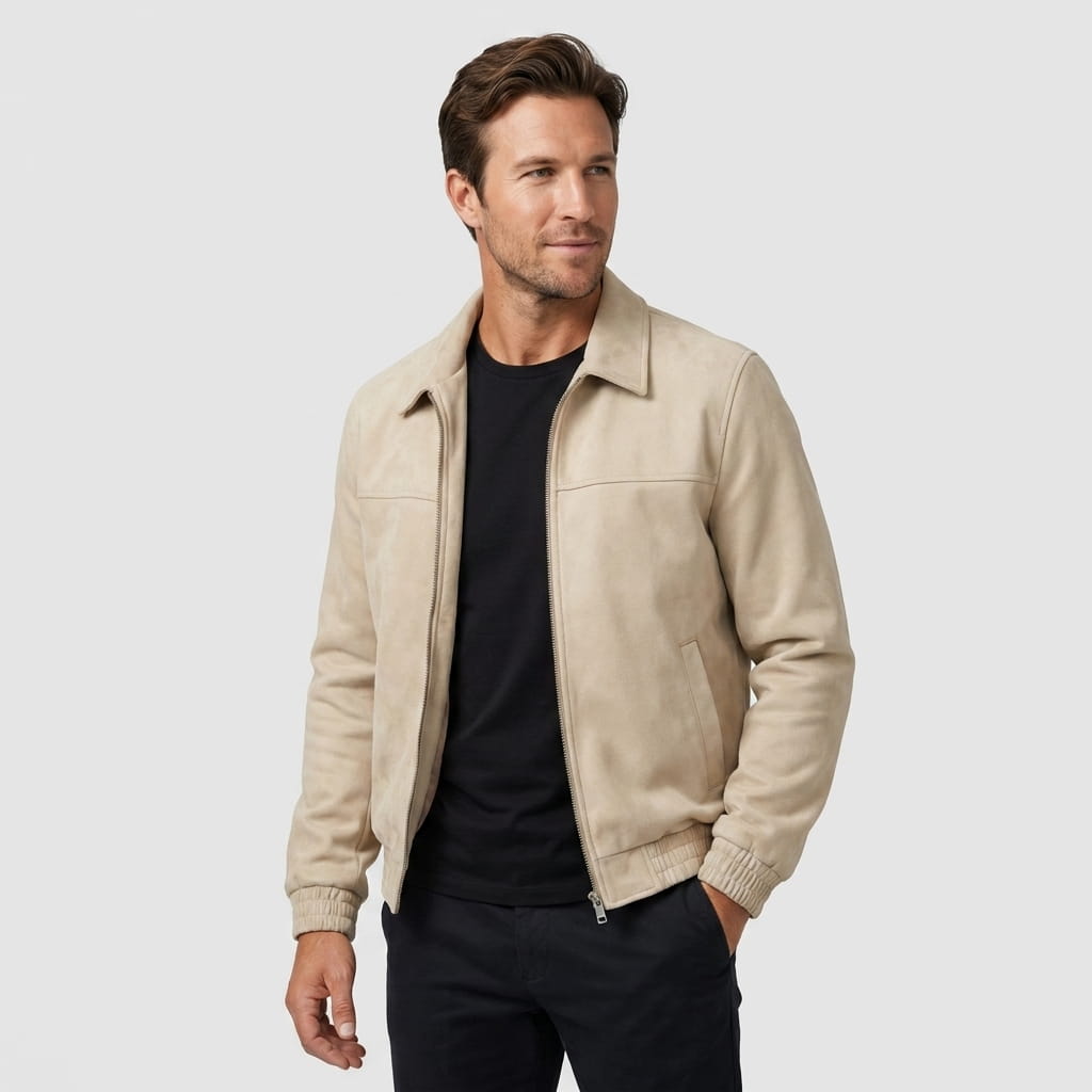 Male model wearing a beige zip-up jacket over a black shirt with dark trousers.