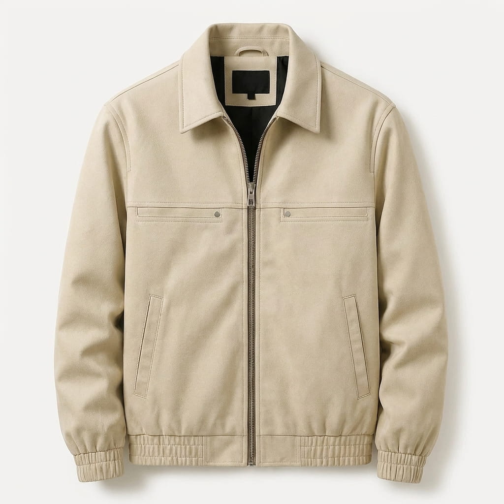 Beige zip-up jacket with a stand collar, full front zipper, and ribbed cuffs and hem.