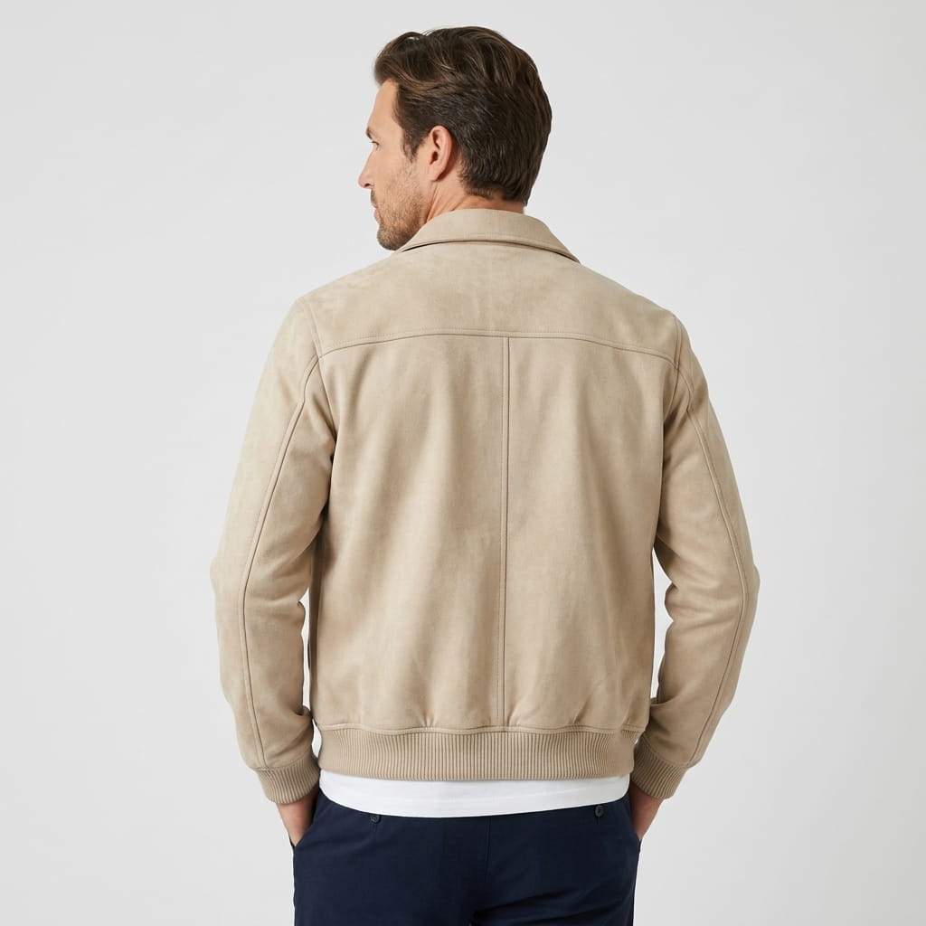 Male model wearing the beige jacket, showing the back and ribbed waistband.