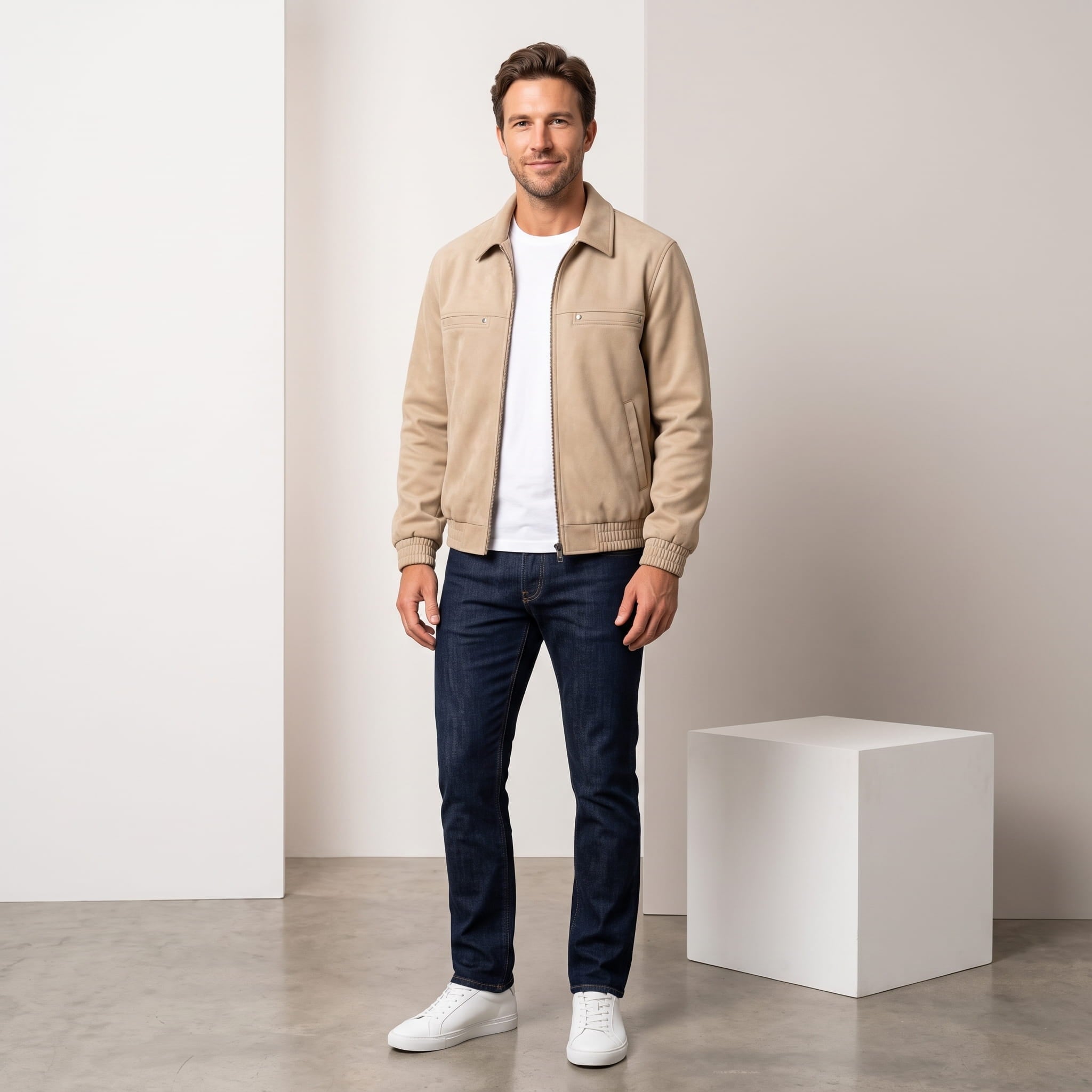 Male model wearing the beige zip-up jacket with blue jeans and white sneakers.