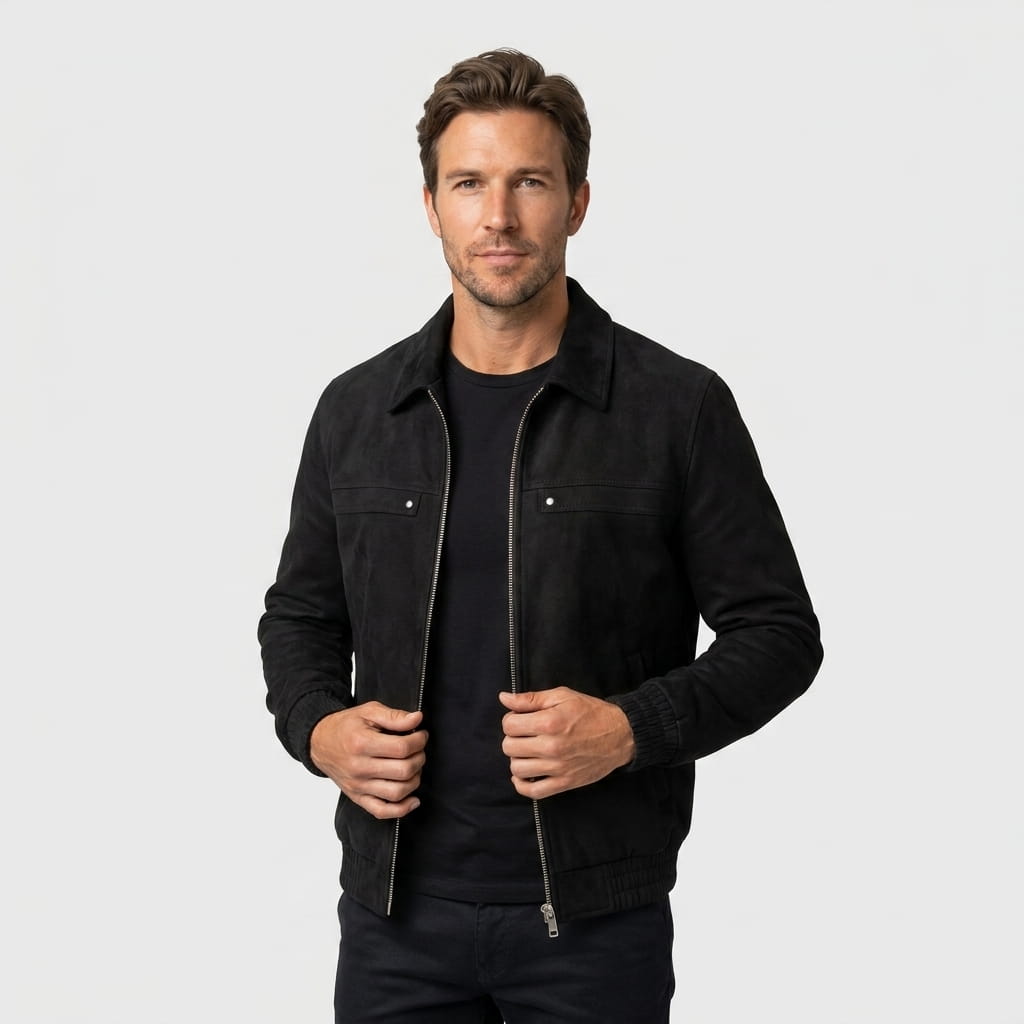 Male model wearing a black zip-up jacket over a black shirt.