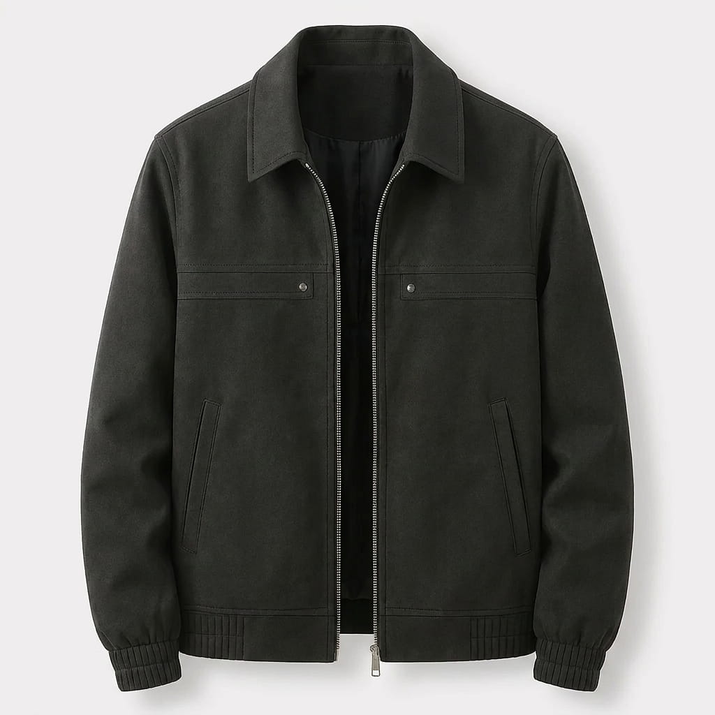 Black zip-up jacket with a stand collar, full front zipper, and ribbed cuffs and hem.