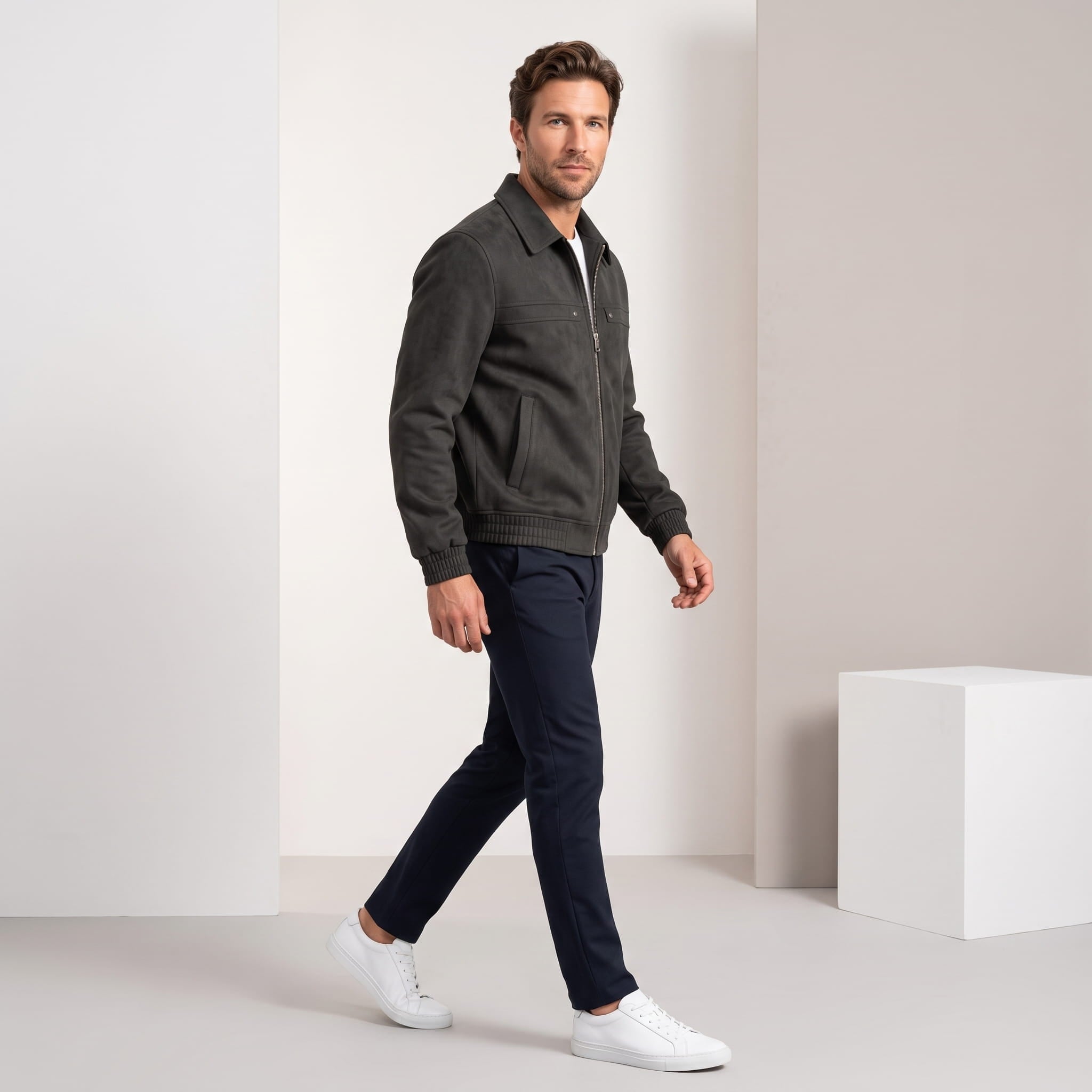 Male model wearing the black zip-up jacket with dark trousers and white sneakers.