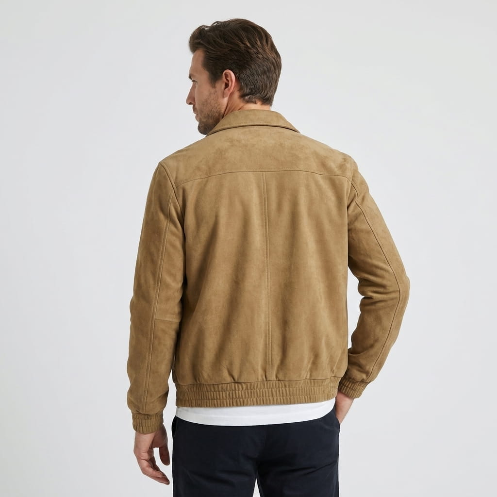 Male model wearing the tan jacket, showing the back panel and ribbed waistband.