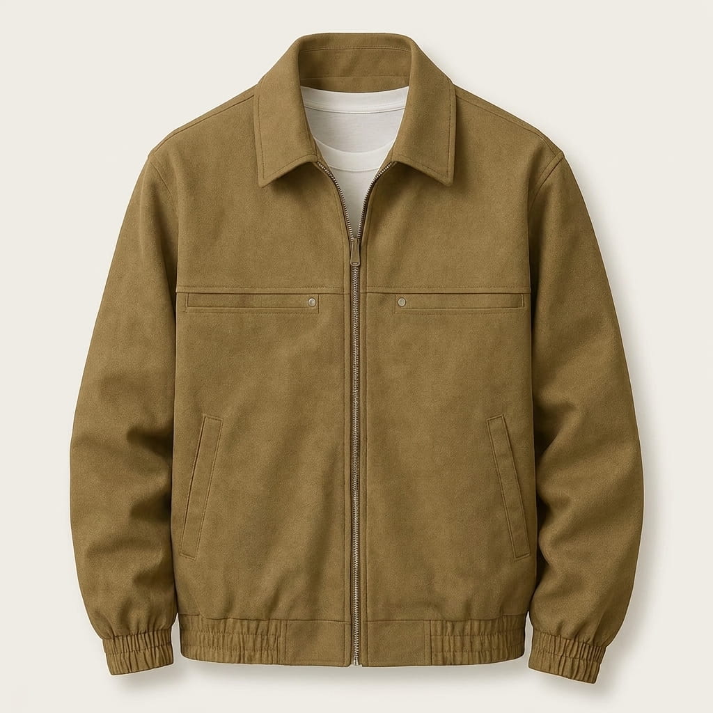 Tan bomber jacket with a shirt-style collar, front zipper, ribbed cuffs, and hem.