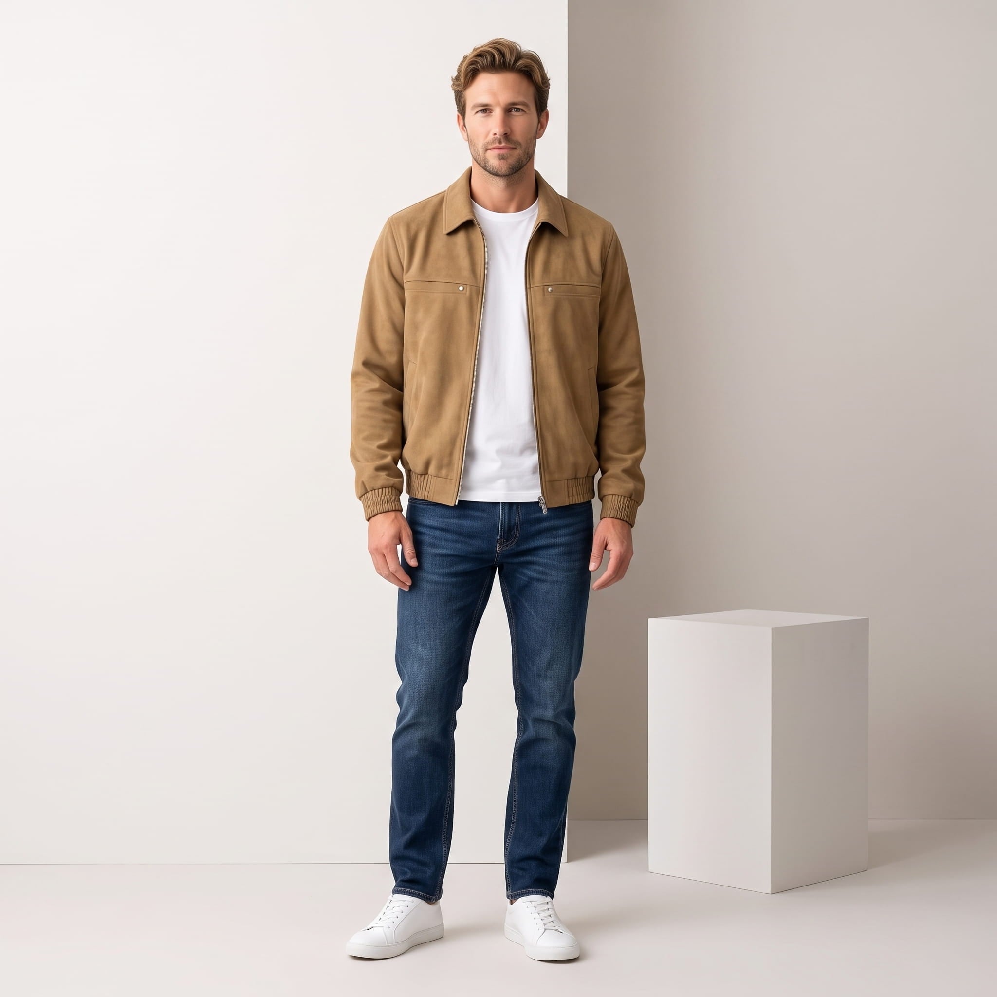 Male model wearing the tan bomber jacket with blue jeans and white sneakers.