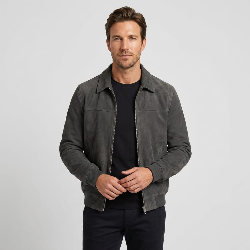 Male model wearing a dark charcoal bomber jacket over a black shirt.