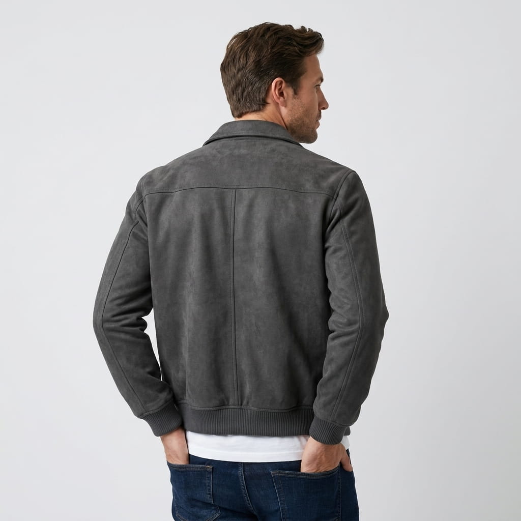 Male model wearing the dark charcoal jacket, showing the back and ribbed waistband.