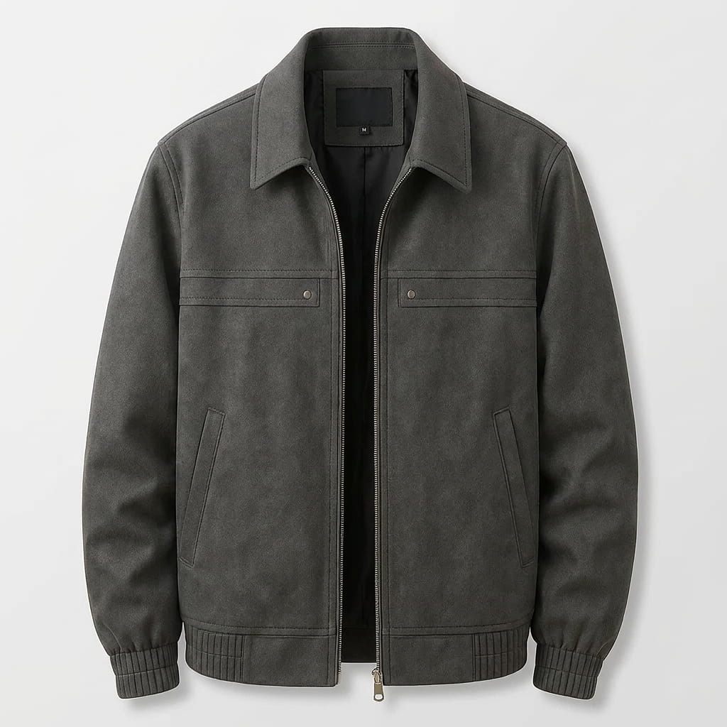 Dark charcoal bomber jacket with a shirt-style collar, front zipper, ribbed cuffs, and hem.