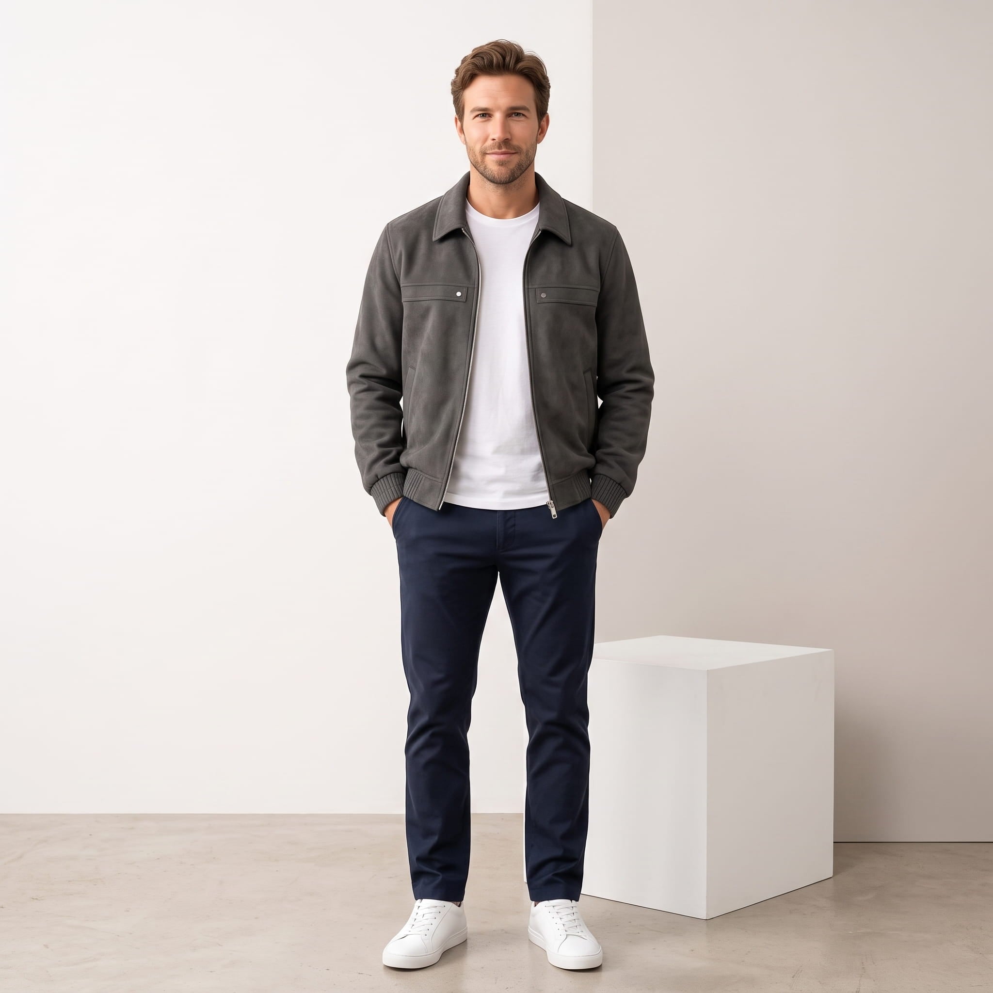 Male model wearing the dark charcoal bomber jacket with blue jeans and white sneakers.