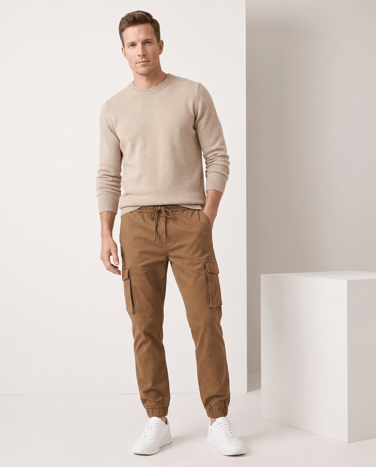 A man wearing brown cotton cargo jogger pants with a tapered fit and utility pockets, standing indoors