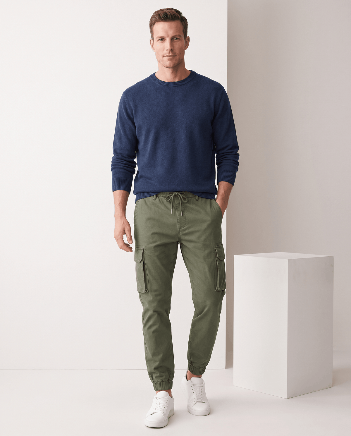A man wearing olive green cotton cargo jogger pants with a tapered fit and utility pockets, standing indoors