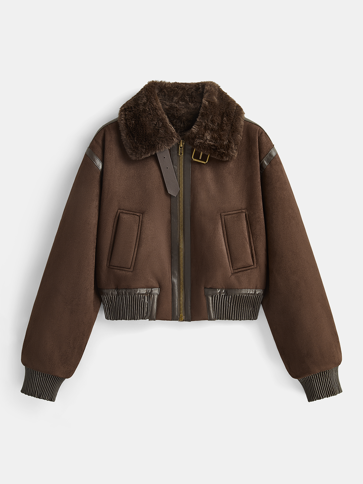 A brown cropped shearling bomber jacket with a plush collar and ribbed trim, shown from the front