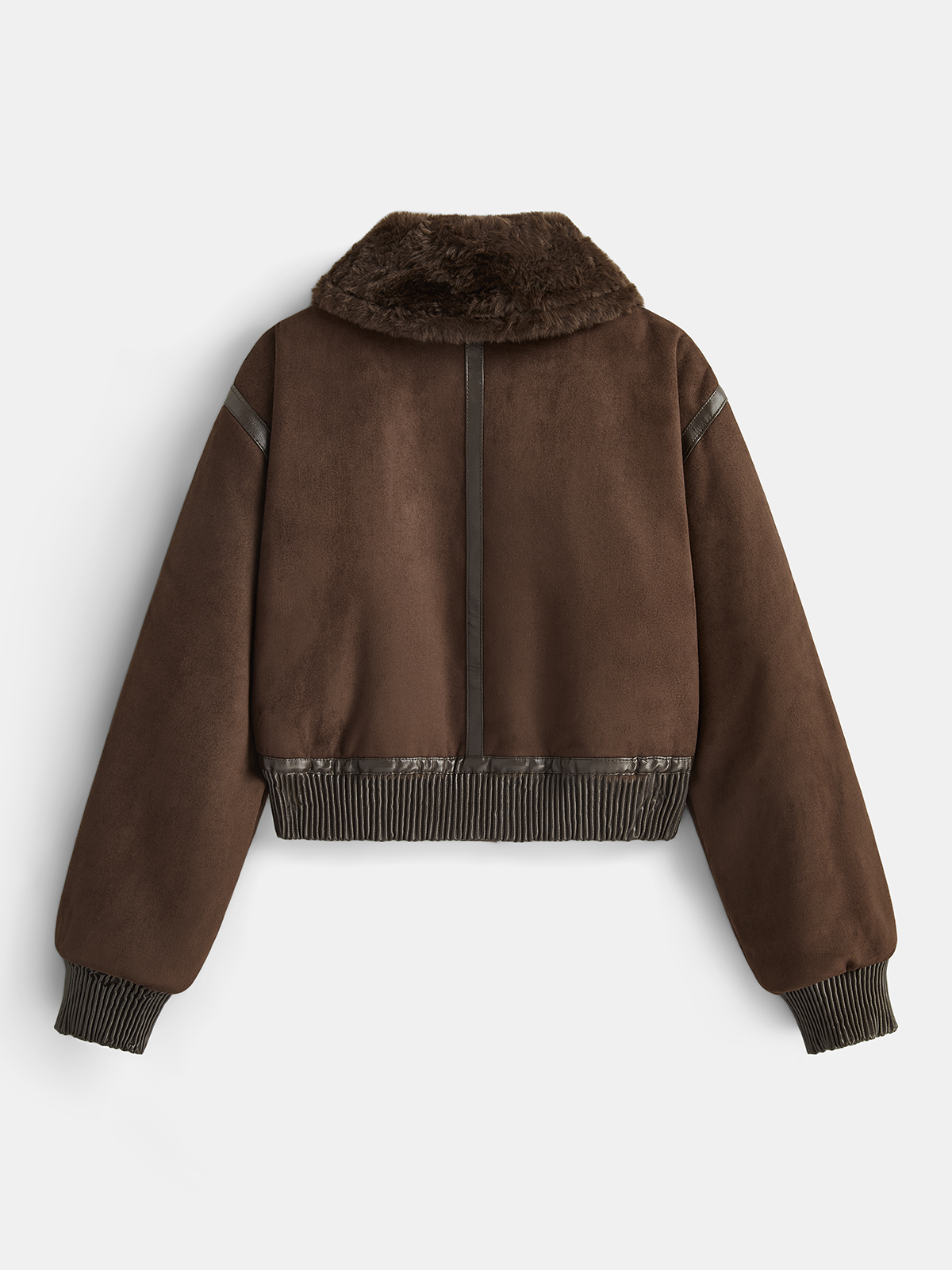 A brown cropped shearling bomber jacket with a plush collar and ribbed trim, shown from the back