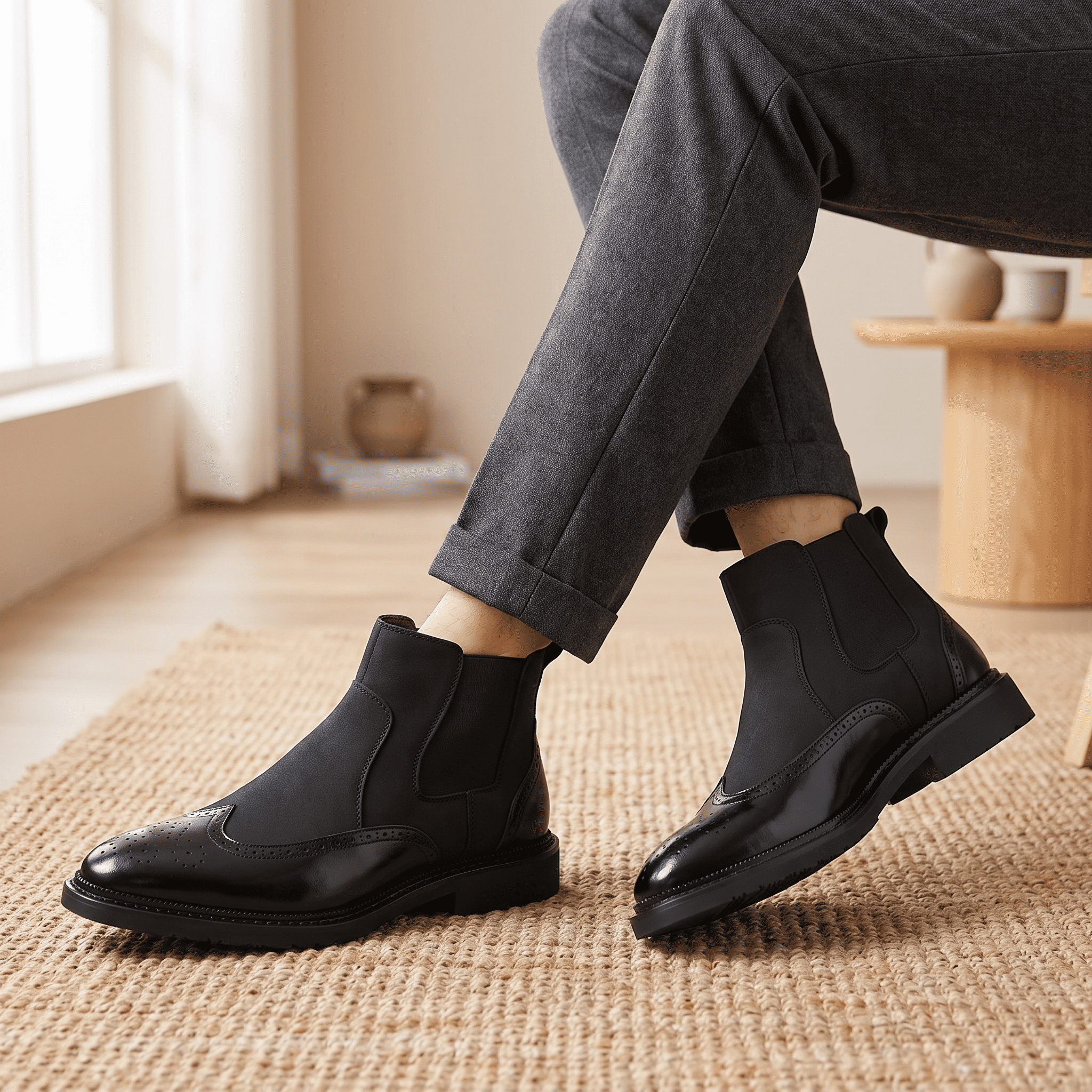 Person wearing a black Chelsea boot while seated on a wooden stool, highlighting the ankle fit and sleek silhouette.