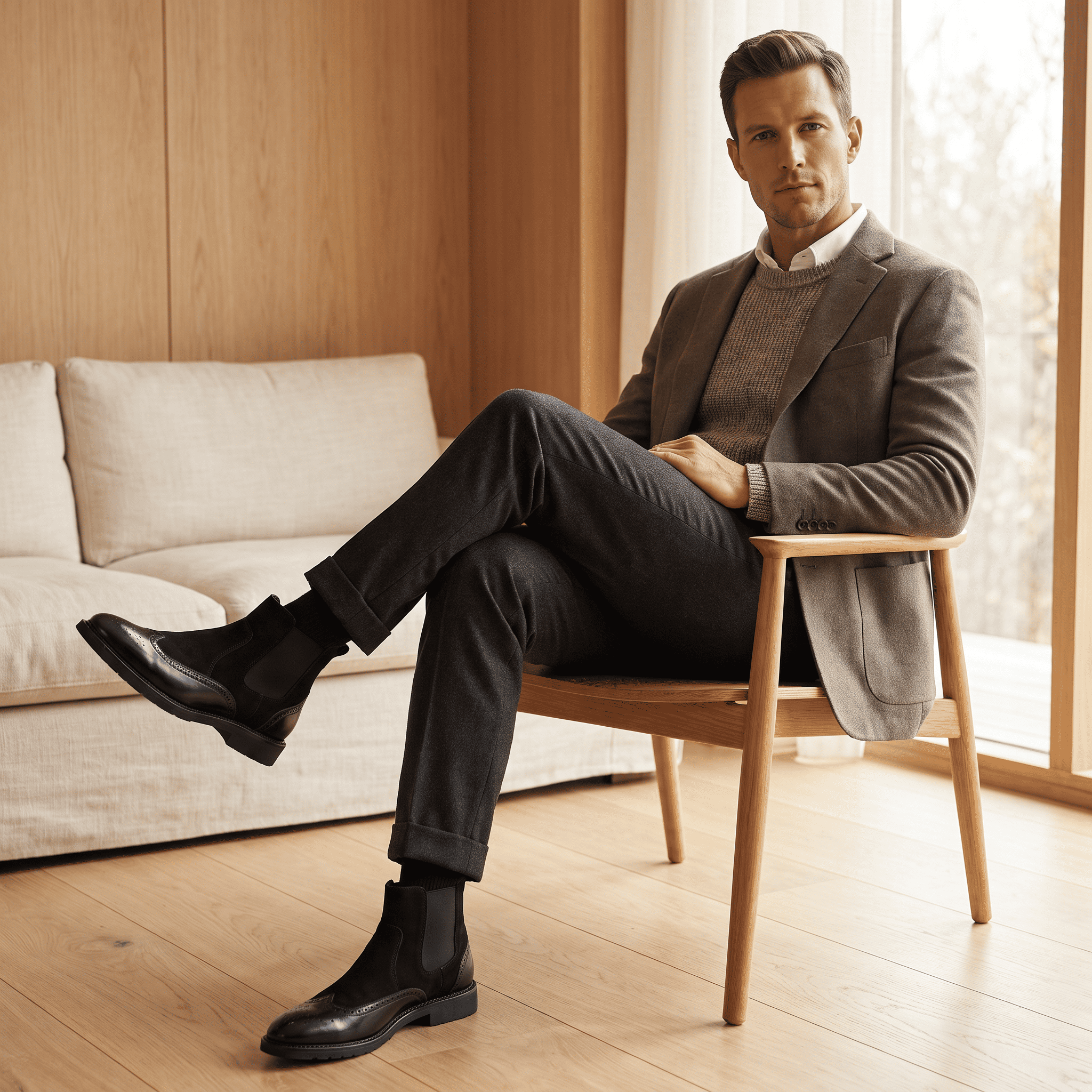 Male model seated in a wooden armchair wearing a brown blazer, textured sweater, dark trousers, and black Chelsea boots in a warm modern interior.