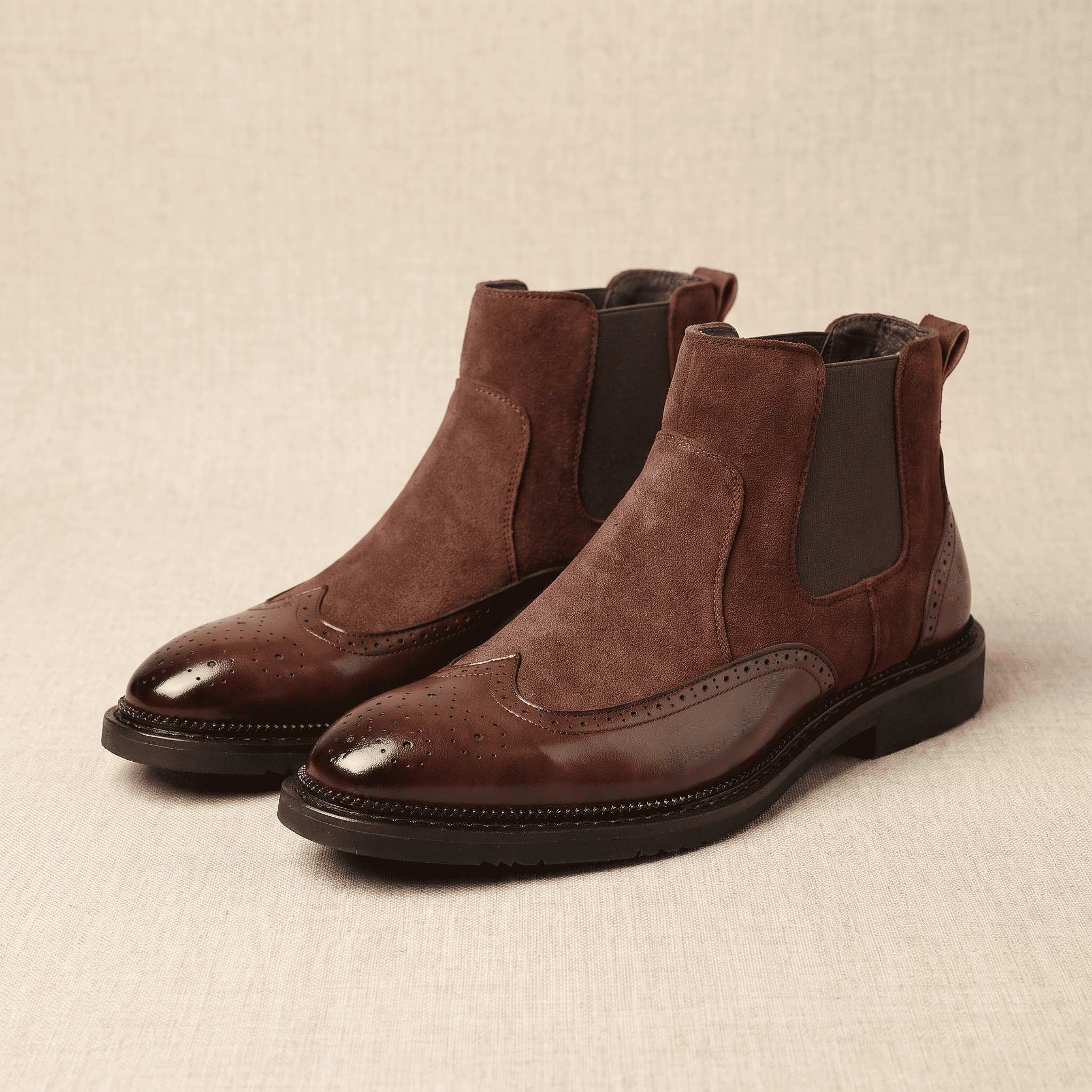 Pair of brown leather Chelsea boots displayed together, showing the elastic side panels, pull tabs, and polished finish.