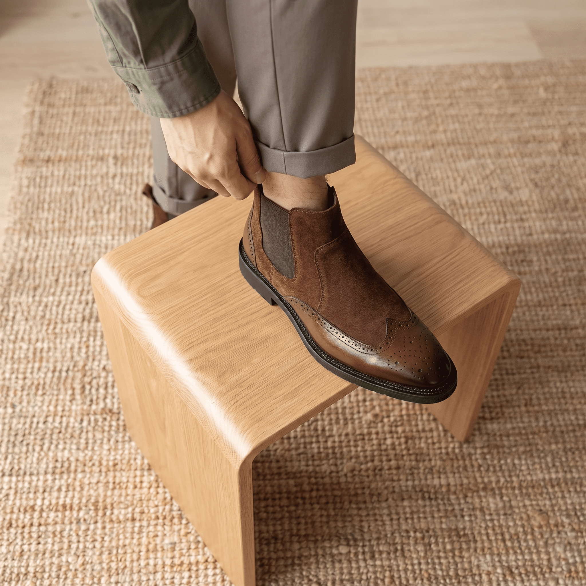 Person wearing a brown leather Chelsea boot while seated on a wooden stool, showing the side profile.