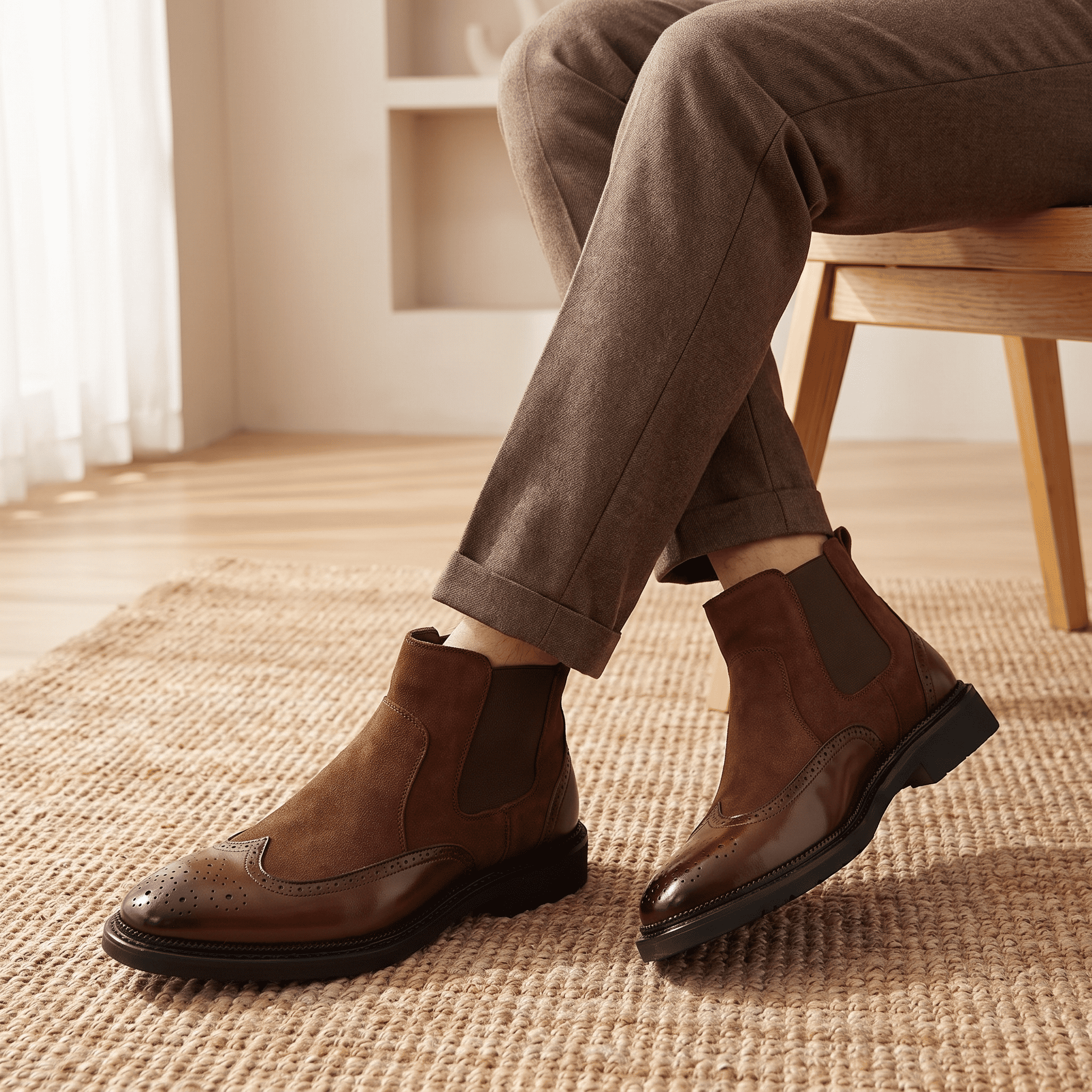 Person wearing brown Chelsea boots while seated, highlighting the ankle fit and polished leather finish.