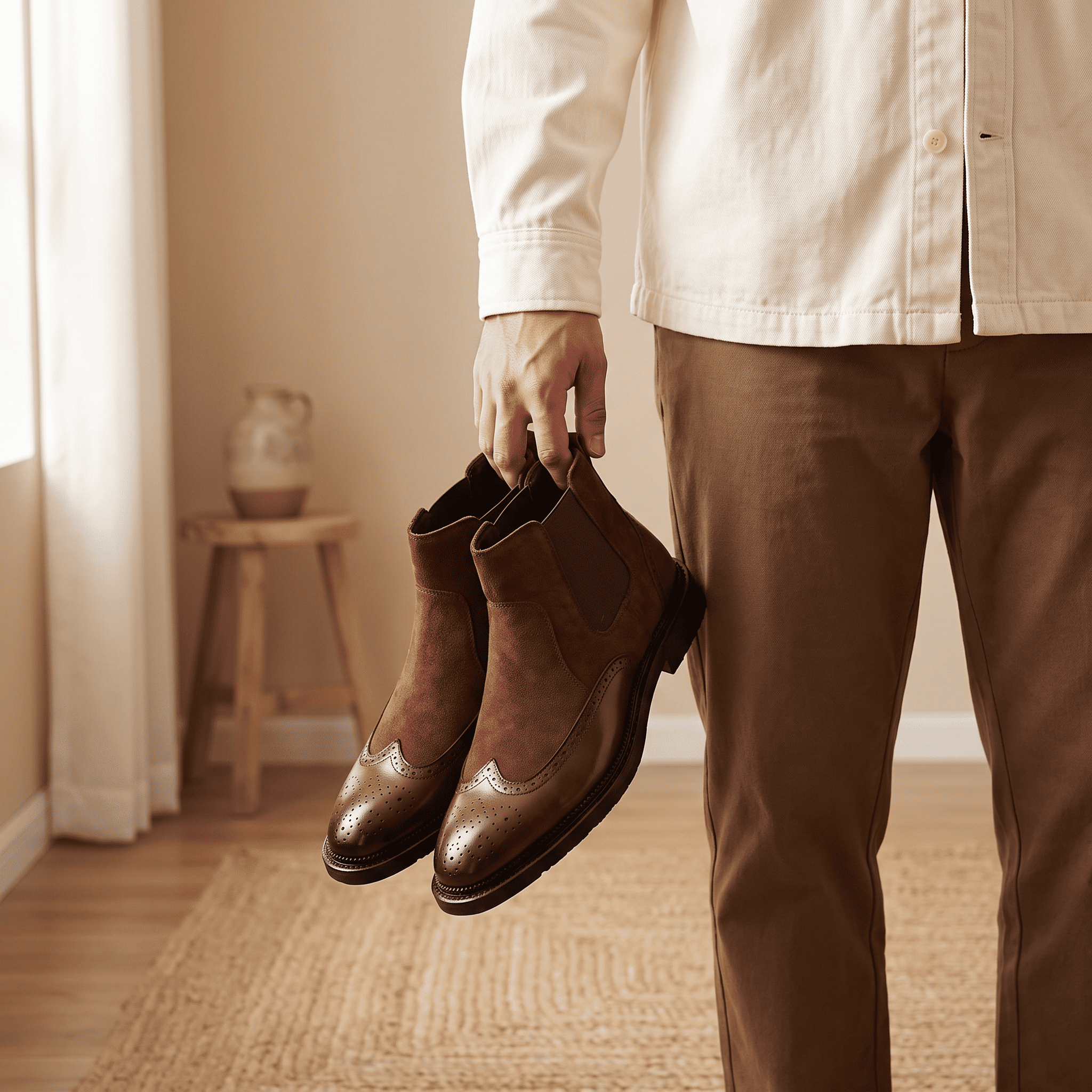 Person holding a pair of brown Chelsea boots by the pull tabs indoors.